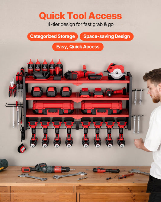 Power Tool Organizer Wall Mount, 4-Layer Storage Rack With 8 Drill Holders, Tools Holder And Storage Rack With Side Pegboards, Garage Tool Organizer For Garage, Workbench, And Workshop