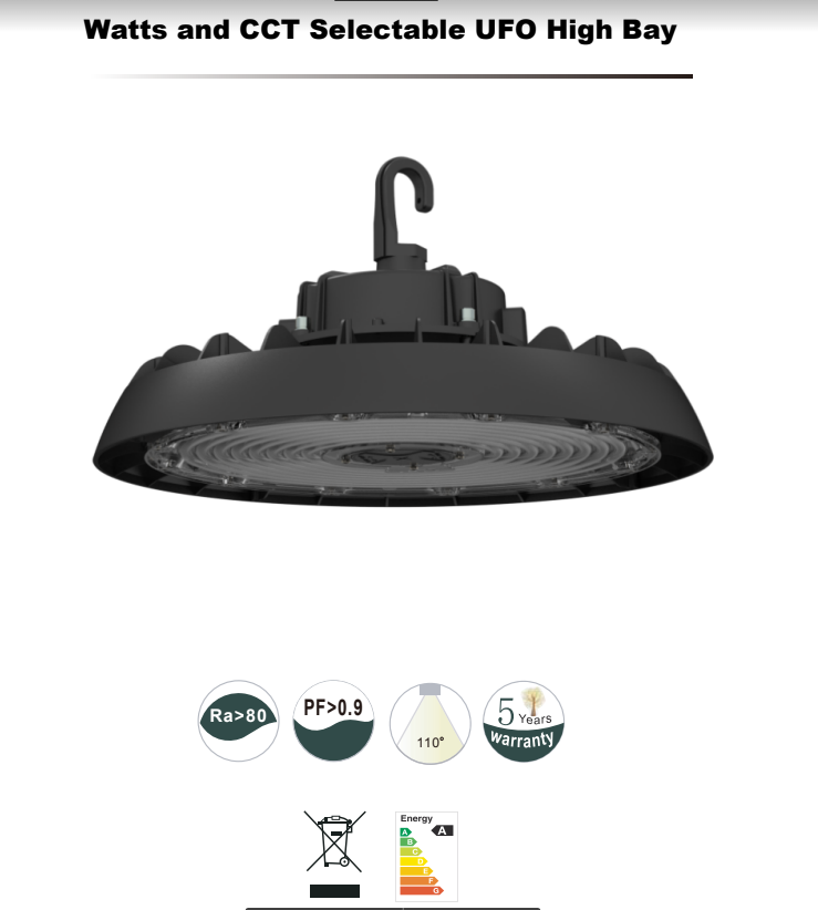 UFO High Bay LED Light - Versatile 110V | 150W - 200W - 240W | Ideal for Various Spaces | Up to 70% Energy Savings | Adjustable Wattage & 2CCT - Amcam