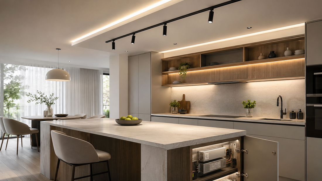 Modern kitchen with 24V LED strip lighting, cove lighting, under-cabinet lighting, and black magnetic track lights