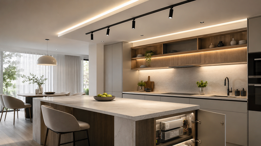 Modern kitchen with 24V LED strip lighting, cove lighting, under-cabinet lighting, and black magnetic track lights
