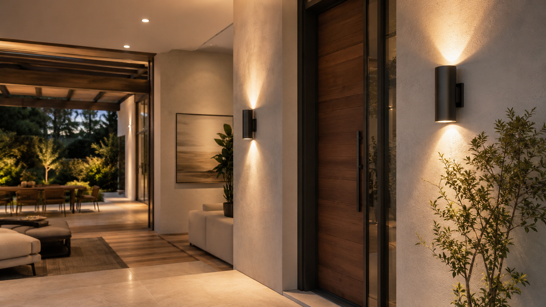 Modern up and down LED wall lights illuminating a premium home entryway and covered patio