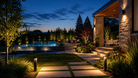 Smart outdoor LED landscape lighting illuminating a modern patio, garden pathway, wall, and pool area at dusk