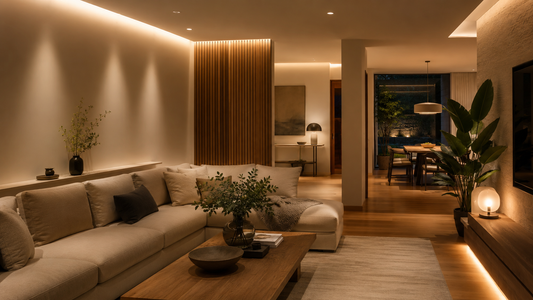 Warm modern living room with layered LED lighting, soft wall lights, neutral furniture, wood accents, and cozy home decor