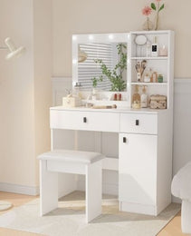 Vanity Desk With Lights, Vanity Set With Mirror, Makeup Vanity Desk With Large Drawers  Three Level Storage Dreeser, VanitysVanities With 3 Lights Brightness Adjustable For Bedroom, White