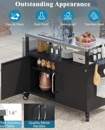 K&K 54.5  Outdoor Kitchen Island With Stainless Steel Tabletop, Metal Grill Cart Table With Storage Cabinet, Spice Rack And Towel Rack, Outdoor Bar Cart With 4 Lockable Wheels For Outside BBQ