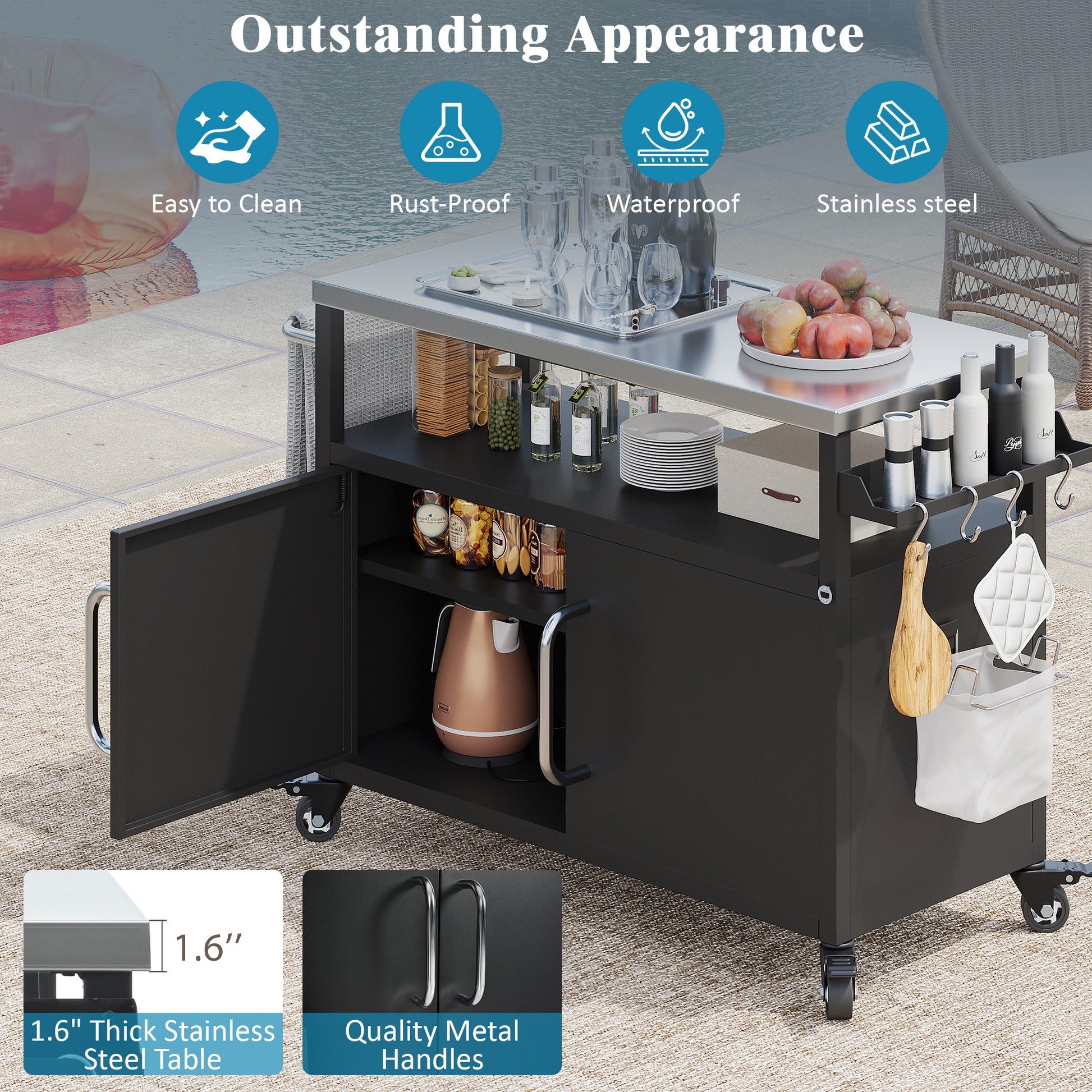 K&K 54.5  Outdoor Kitchen Island With Stainless Steel Tabletop, Metal Grill Cart Table With Storage Cabinet, Spice Rack And Towel Rack, Outdoor Bar Cart With 4 Lockable Wheels For Outside BBQ