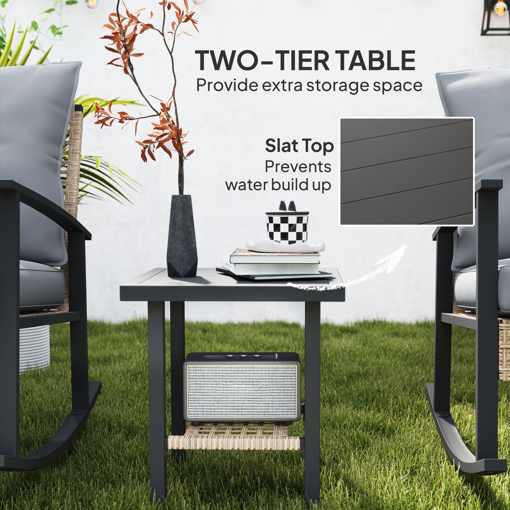 3 Pieces Bistro Set, Patio Wicker Furniture Set with Button Tufted Cushions, Rattan Rocking Chairs, Coffee Table, Gray