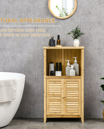 Bamboo Floor Cabinet Bathroom Floor Cabinet Living Room Organizer Tower with Multiple Shelves and Doors, Natural