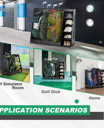 Gray Wooden Golf Bag Storage Rack With 3 Drawers, Holds 2 Stand Bags  14 Clubs, Organizer For Golf Balls, Shoes  Accessories, Heavy Duty For Garage, Indoor Outdoor Use, Easy Assembly