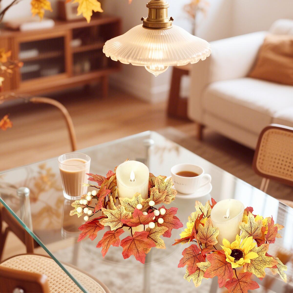 2 Pcs 9.8 Inch Fall Candle Rings Wreaths Candlestick Decorative Rattan Garland Maple Leaf Berries Sunflowers Candle Rings Autumn Wedding Parties Centerpieces - CJDS - FC