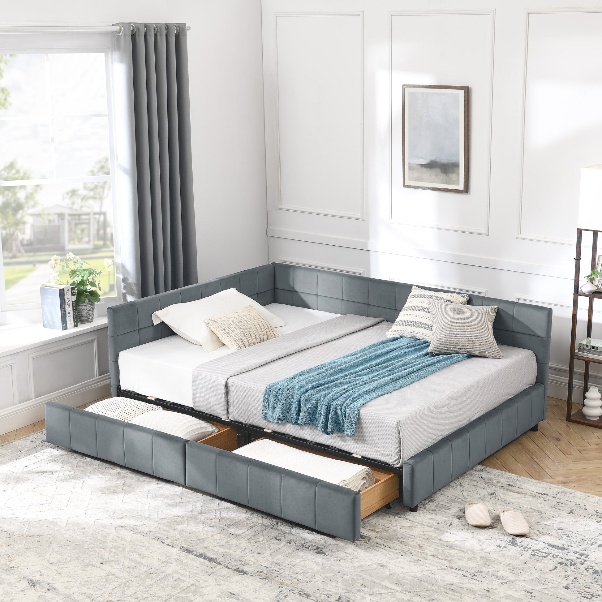 Full Size Storage Upholstered Tufted Bed Frame, Sofa Bed Frame With Comfortable Backrest And Armrests, Full Size Bed For Bedroom, Living Room,Velvet, GREY 80.5x59x29.5