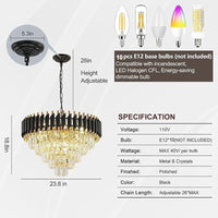 Black and Gold Crystal Chandelier, 24 Inch Black Chandelier Pendant Light 5-Tier with K9 Crystals Chandeliers for Dining Room, Bedroom, Kitchen Island, Entryway