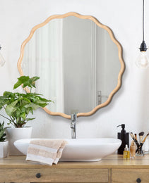 Solid Wood Wavy Mirror--Natural-Wood Vanity Mirror Wall Decor 31X 31 Modern Mirror Wall Decor For Bathroom, Bedroom, Living Room, Dining Room, Cloakroom, Entryway