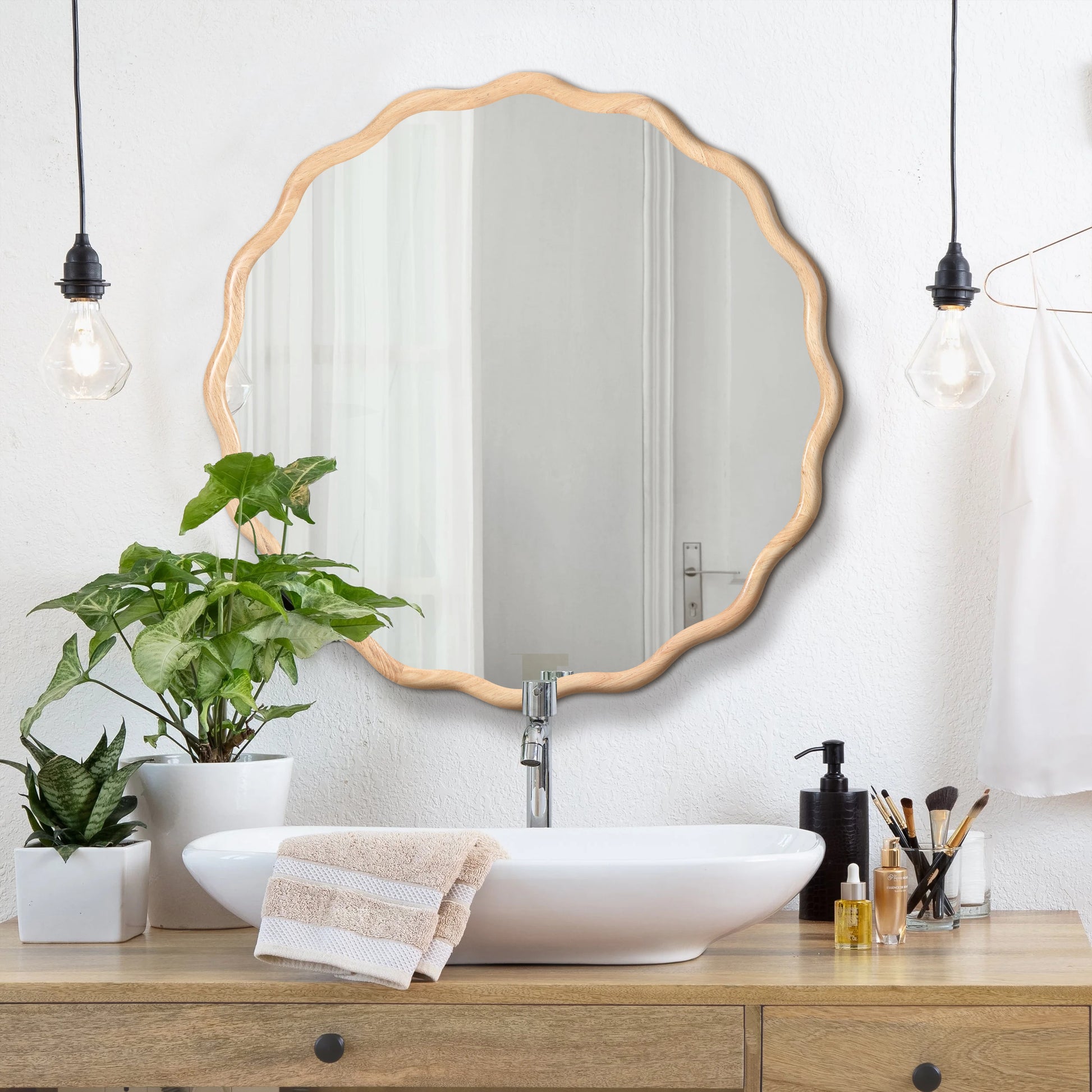 Solid Wood Wavy Mirror--Natural-Wood Vanity Mirror Wall Decor 31X 31 Modern Mirror Wall Decor For Bathroom, Bedroom, Living Room, Dining Room, Cloakroom, Entryway