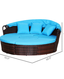 4-Piece Round Convertible Daybed with Cushions, Outdoor PE Rattan Patio Wicker Sofa Set, Sunbed with Adjustable Sun Canopy, Sectional Sofa, 2 Chairs, Table, 3 Pillows, Blue