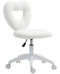 Armless Computer Desk Chair, Office Task Chair, Teddy Fleece Heart Makeup Vanity Chair With Swivel Wheels, White