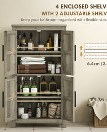 Bathroom Floor Storage Cabinet, Farmhouse Bathroom Cabinet with 4 Doors and Adjustable Shelf, Light Gray