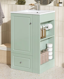 20  Freestanding Bathroom Vanity With Ceramic Sink, Single Faucet Hole, MDF Storage Cabinet With Soft-Close Drawer, Open Side Shelves With Pinewood Towel Bar, Modern Small Bathroom Vanity For Compact