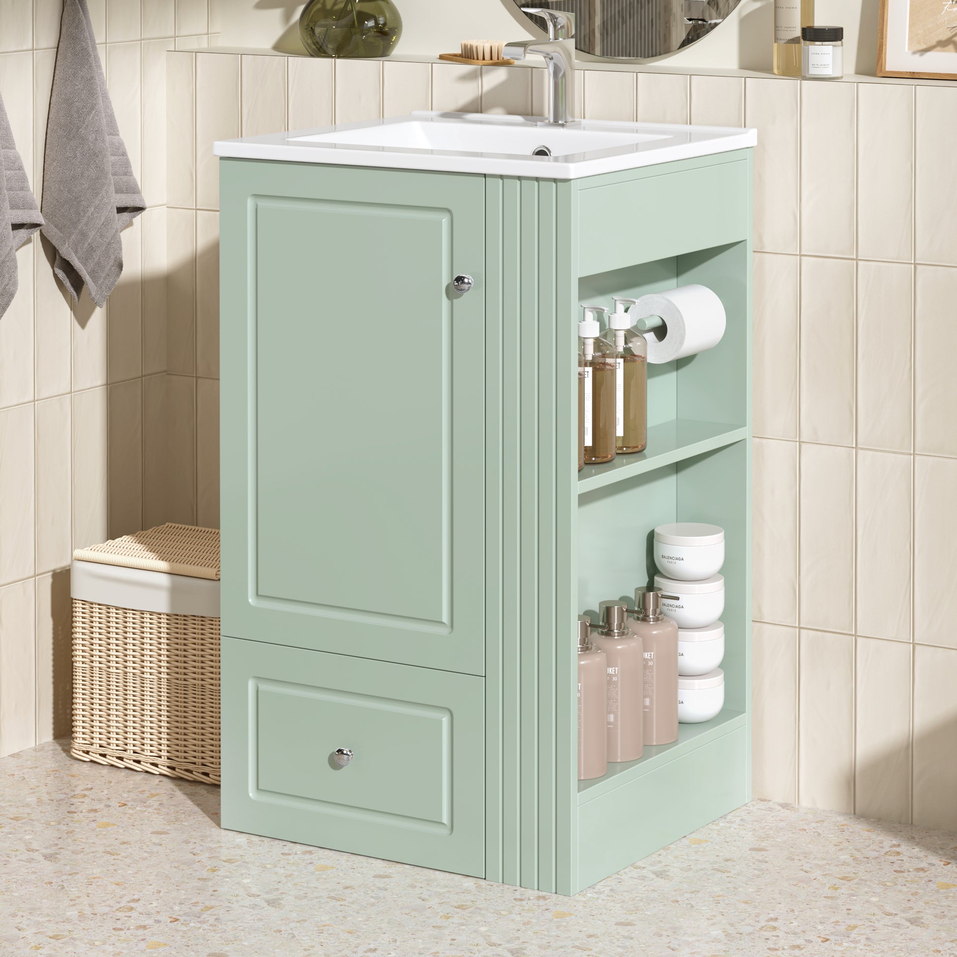 20  Freestanding Bathroom Vanity With Ceramic Sink, Single Faucet Hole, MDF Storage Cabinet With Soft-Close Drawer, Open Side Shelves With Pinewood Towel Bar, Modern Small Bathroom Vanity For Compact