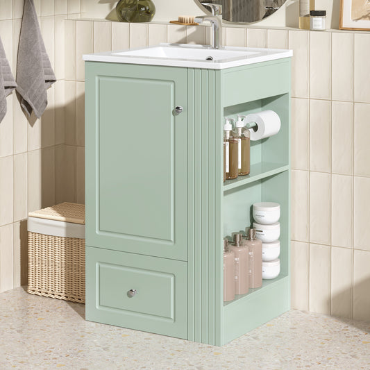 20  Freestanding Bathroom Vanity With Ceramic Sink, Single Faucet Hole, MDF Storage Cabinet With Soft-Close Drawer, Open Side Shelves With Pinewood Towel Bar, Modern Small Bathroom Vanity For Compact