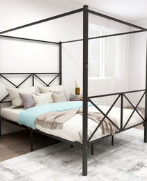 Metal Canopy Bed Frame, Platform Bed Frame Queen With X Shaped Frame Queen Black