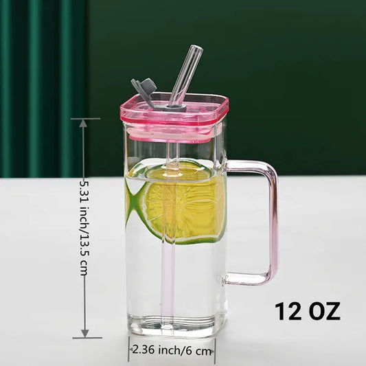 1 Pcs Blue Glass Straw Cup, 6 Colors Square Glass Cup With Straw And Lid, High Borosilicate Glass Cup, Milk Cup, Juice Cup, Cold Drink Cup, Coffee Cup, Tea Cup, Office Cup, Gift Cup