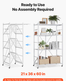 4-Tier Foldable Storage Shelf, 36W X 21D X 60 H Inch Folding Metal Rack Shelving Unit, No Assembly Organizer Shelf With 5 Wheels & 4 Hooks For Pantry, Kitchen, Garage, Basement, White
