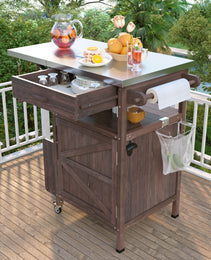 K&K 40.5  Outdoor Grill Cart With Stainless Steel Top, Solid Wood Outdoor Storage Cabinet With Drop Leaf, One Drawer, Towel Rack, Rolling Kitchen Cart With Lockable Wheels For Lawn Garden, Brown