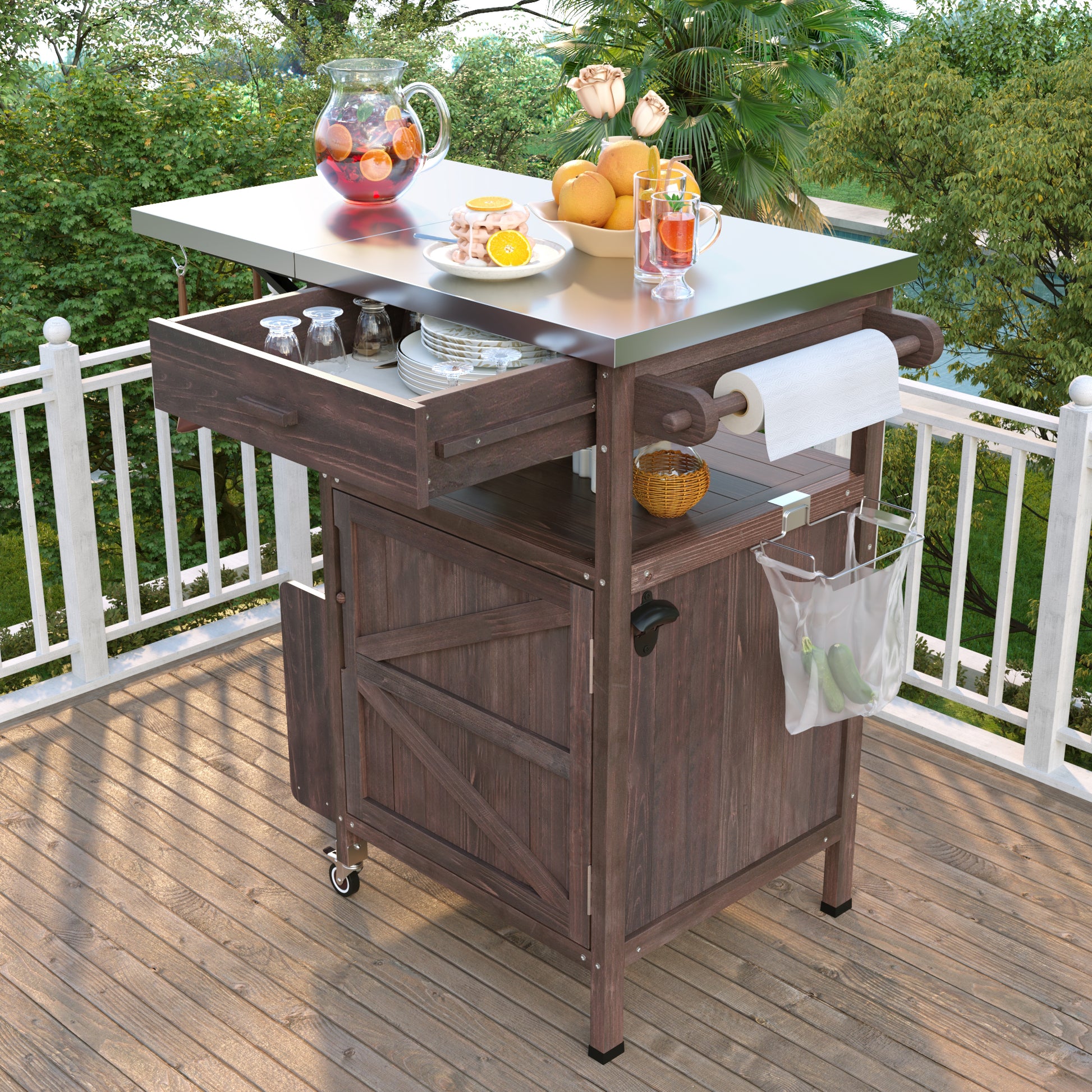 K&K 40.5  Outdoor Grill Cart With Stainless Steel Top, Solid Wood Outdoor Storage Cabinet With Drop Leaf, One Drawer, Towel Rack, Rolling Kitchen Cart With Lockable Wheels For Lawn Garden, Brown
