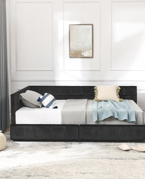 Full Size Storage Upholstered Tufted Bed Frame, Sofa Bed Frame With Comfortable Backrest And Armrests, Full Size Bed For Bedroom, Living Room,Velvet, BLACK 80.5x59x29.5