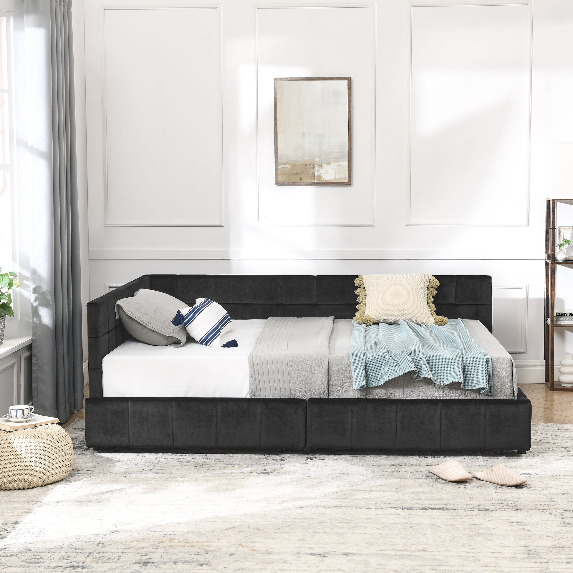 Full Size Storage Upholstered Tufted Bed Frame, Sofa Bed Frame With Comfortable Backrest And Armrests, Full Size Bed For Bedroom, Living Room,Velvet, BLACK 80.5x59x29.5