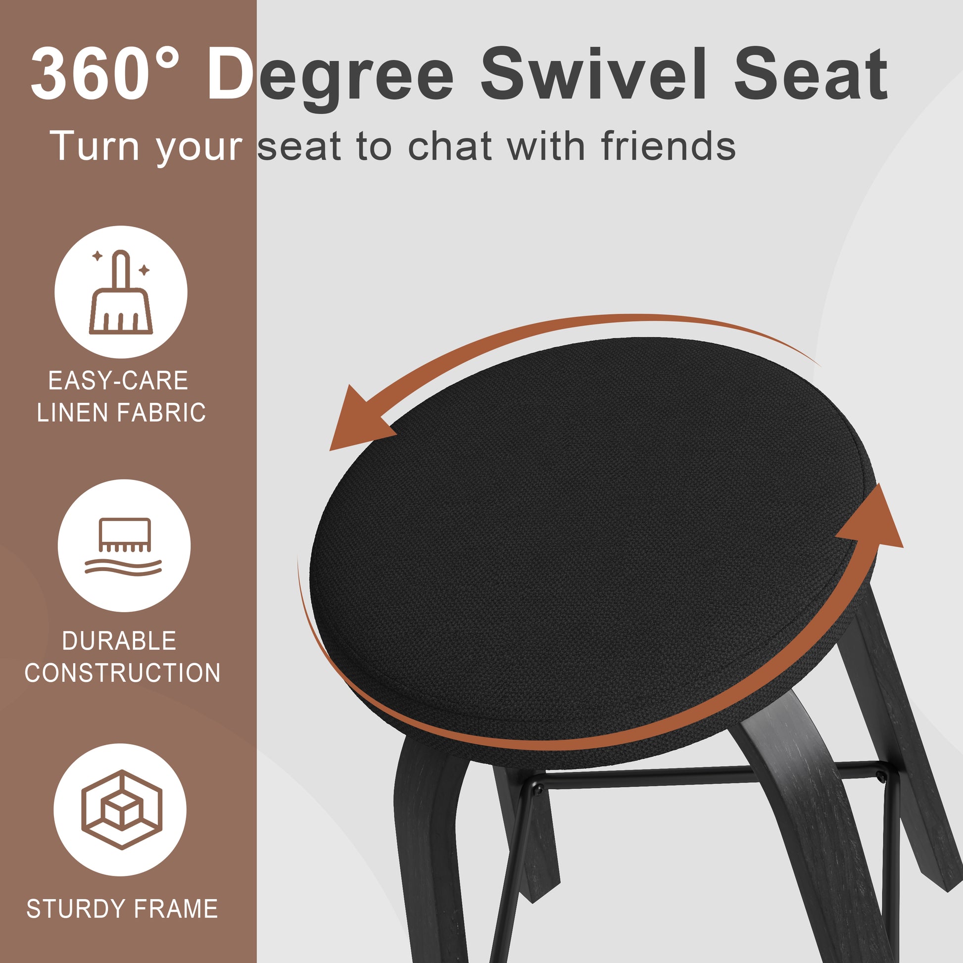Swivel Bar Stools Set Of 2, Bar Height Backless 30 Bar Stool, Fabric Upholstered Seat, Sturdy Wood Legs And Metal Footrest, Mid-Century Modern Island Stools For Home Bars, Restaurants, All-black