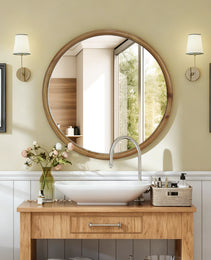 Round Wood Framed Wall Mirror, 35.43 Natural Wooden Circle Mirror For Bathroom, Bedroom, Entryway, Mid-Century Modern Decorative Mirror