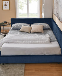 Queen Size Upholstered Tufted Bed Frame, Sofa Bed Frame With Comfortable Backrest And Armrests, Queen Size Bed For Bedroom, Living Room,Velvet, DARK BLUE 85.5x64.5x30.5