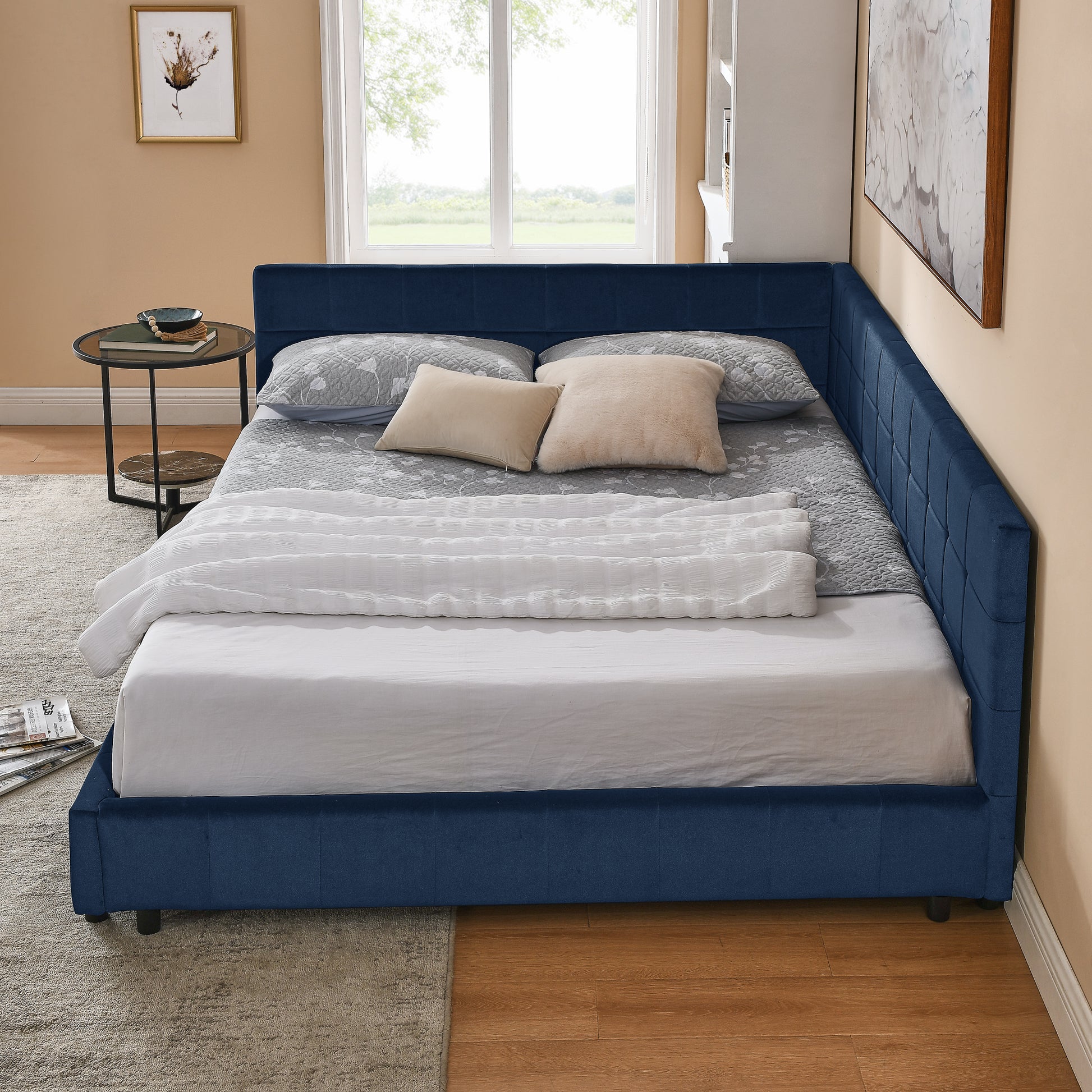 Queen Size Upholstered Tufted Bed Frame, Sofa Bed Frame With Comfortable Backrest And Armrests, Queen Size Bed For Bedroom, Living Room,Velvet, DARK BLUE 85.5x64.5x30.5
