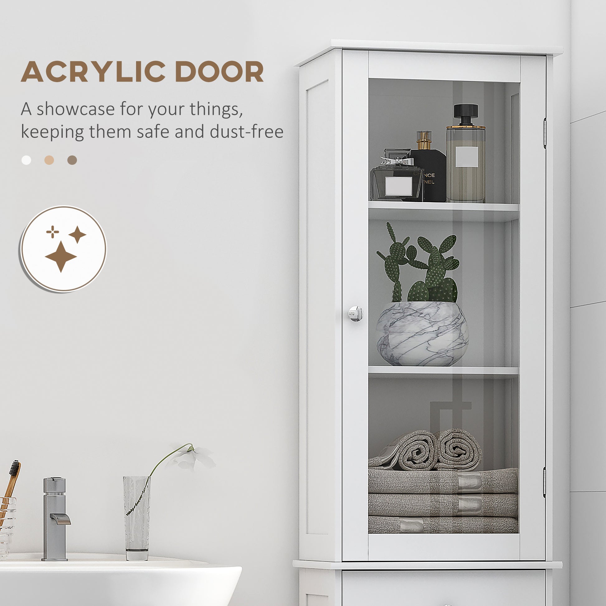 Slim Bathroom Storage Cabinet, Tall Bathroom Cabinet, Narrow Linen Tower with Acrylic Door, Drawer and Shelves, White