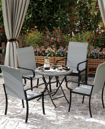 Set of 4 Outdoor Wicker Dining Chairs with Armrest, Steel Frame, High Back and Deep Seating, Gray