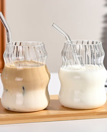 6 Pcs 19 Ounce Glass Straw Cup, Coffee Cup, Milk Cup, Juice Cup, Cold Drink Cup, Tea Cup, Water Cup, Office Cup, Striped Cloud Cup