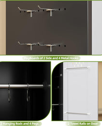 Aobabo H Lockable Storage Cabinet With Wheels, Metal Cleaning Tool Cabinet With Hooks, Cleaning Supplies For Broom Rack Shelf For Broom Mops Garage Storage, Black White, Assembly Required