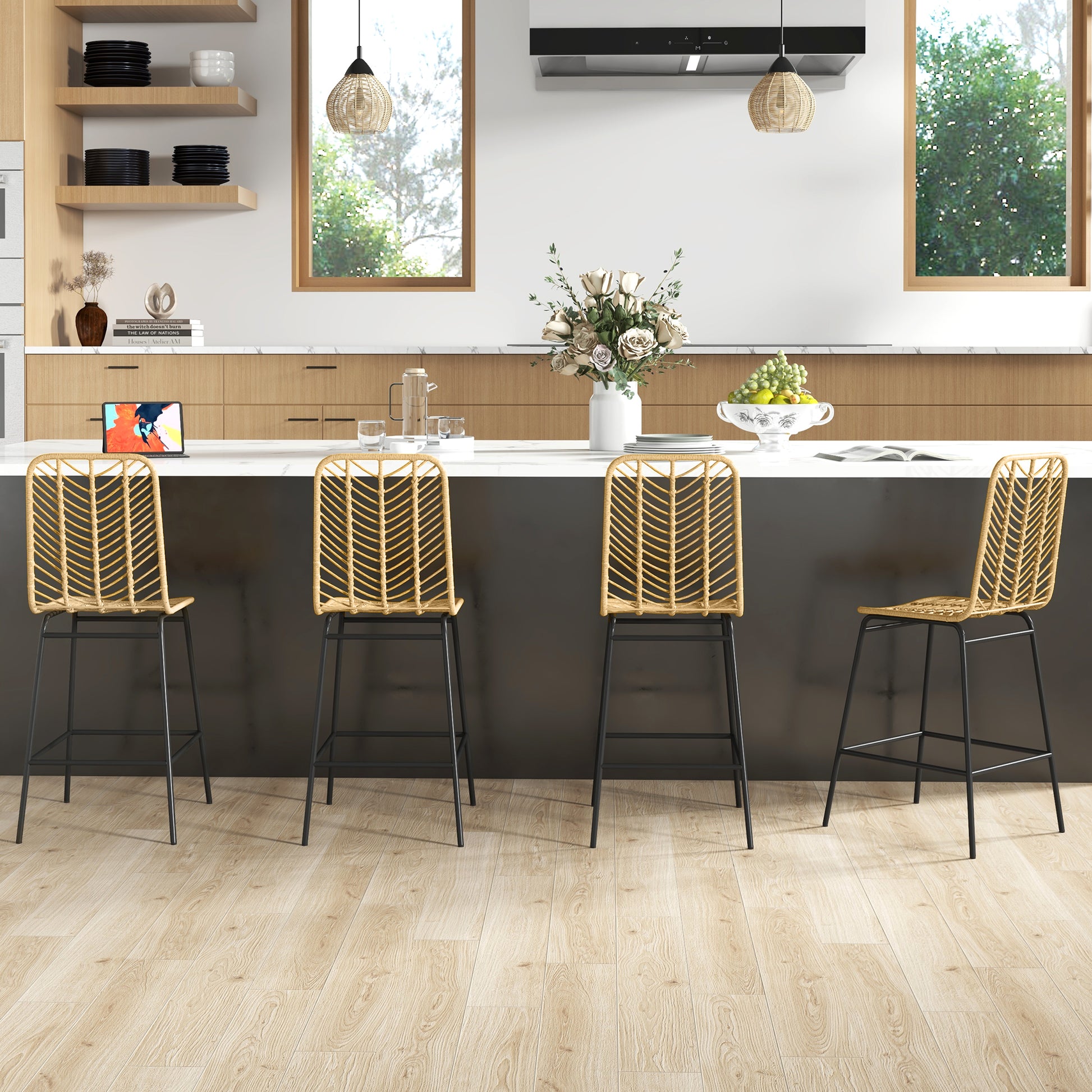 Set Of 4 Rattan Barstools Wicker Counter Stools With Steel Legs And Footrest For Dining Room Kitchen Pub Yellow