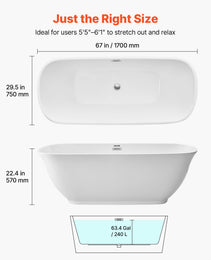 Acrylic Freestanding Bathtub, 67 Inch Contemporary Soaking White Tub With Polished Chrome Overflow And Drain, Elegant Oval Shape Stand Alone Soaker Tub For Modern Bathroom Or Remodel Projects
