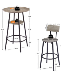 Round Bar Stool Set With Shelf, Upholstered Stool With Backrest Grey, 23.62  W X 23.62  D X 35.43  H.