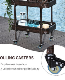 PE Rattan Outdoor Bar Table, Outdoor Kitchen Island With 2-Tier Shelf, Wheeled Patio Serving Cart With Brakes For Poolside, Garden, Brown
