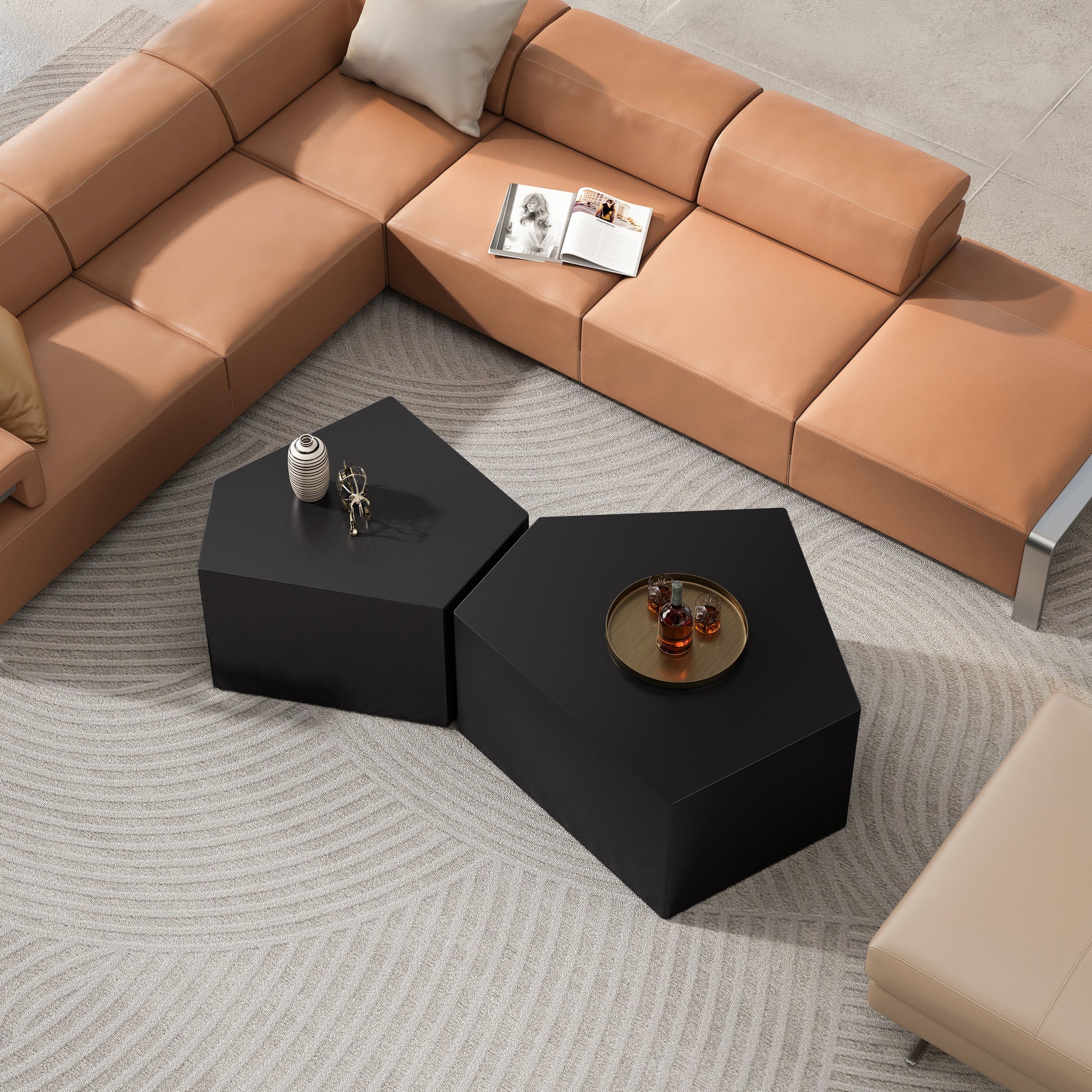 Irregular Pentagon Nesting Coffee Table Set, Geometric Coffee Table Set, Side Table Set, Cocktail Table Set, Center Table Set For Living Room, Bedroom, Black Set Of 2 Pieces