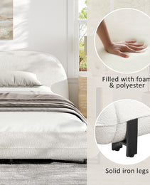 King Size Bed Frame With Boucle Fabric, Upholstered Platform Bed With Curve-Shaped Design & Thick Headboard, White