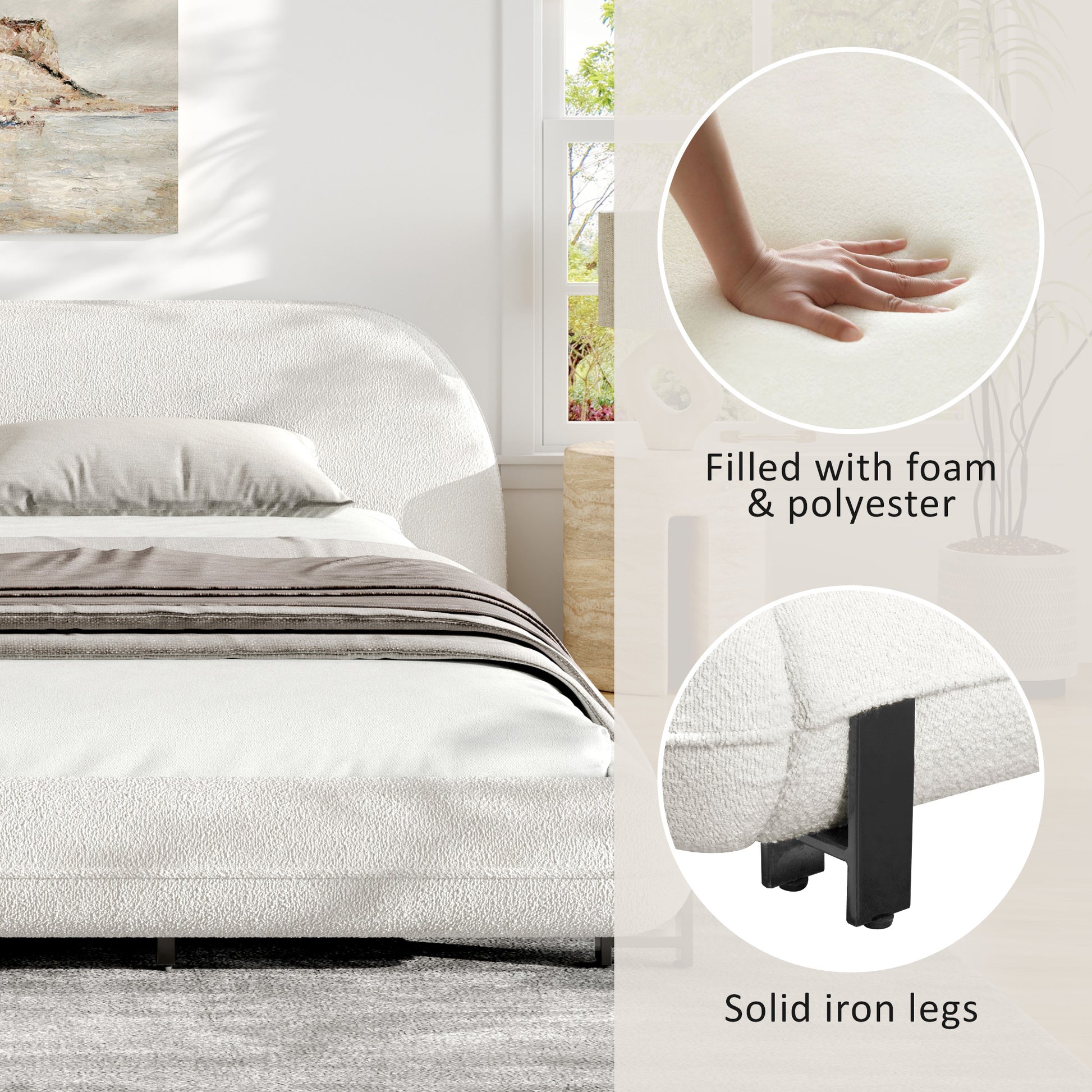 King Size Bed Frame With Boucle Fabric, Upholstered Platform Bed With Curve-Shaped Design & Thick Headboard, White
