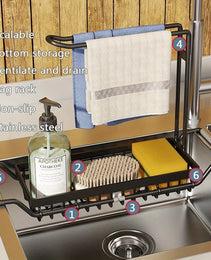 Expandable Stainless Steel Over-the-Sink Caddy Organizer – Adjustable Kitchen Storage Rack (Black, Small)