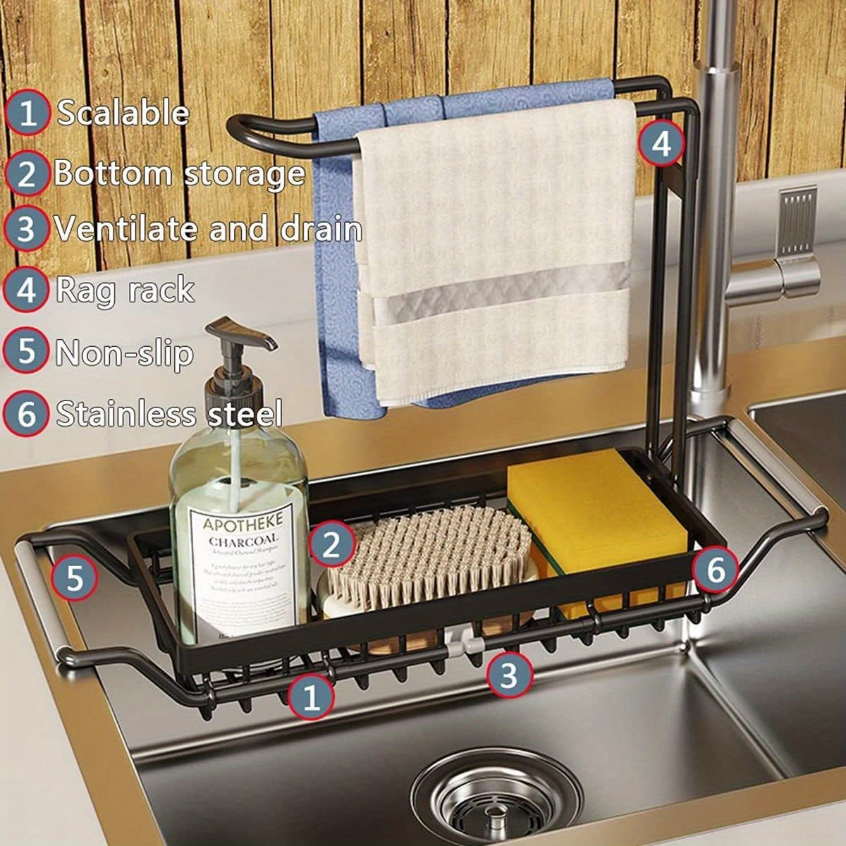Expandable Stainless Steel Over-the-Sink Caddy Organizer – Adjustable Kitchen Storage Rack (Black, Small)