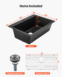 Granite Composite Single Bowl Kitchen Sink – Matte Black Quartz Workstation with Protective Grid & Drain Kit