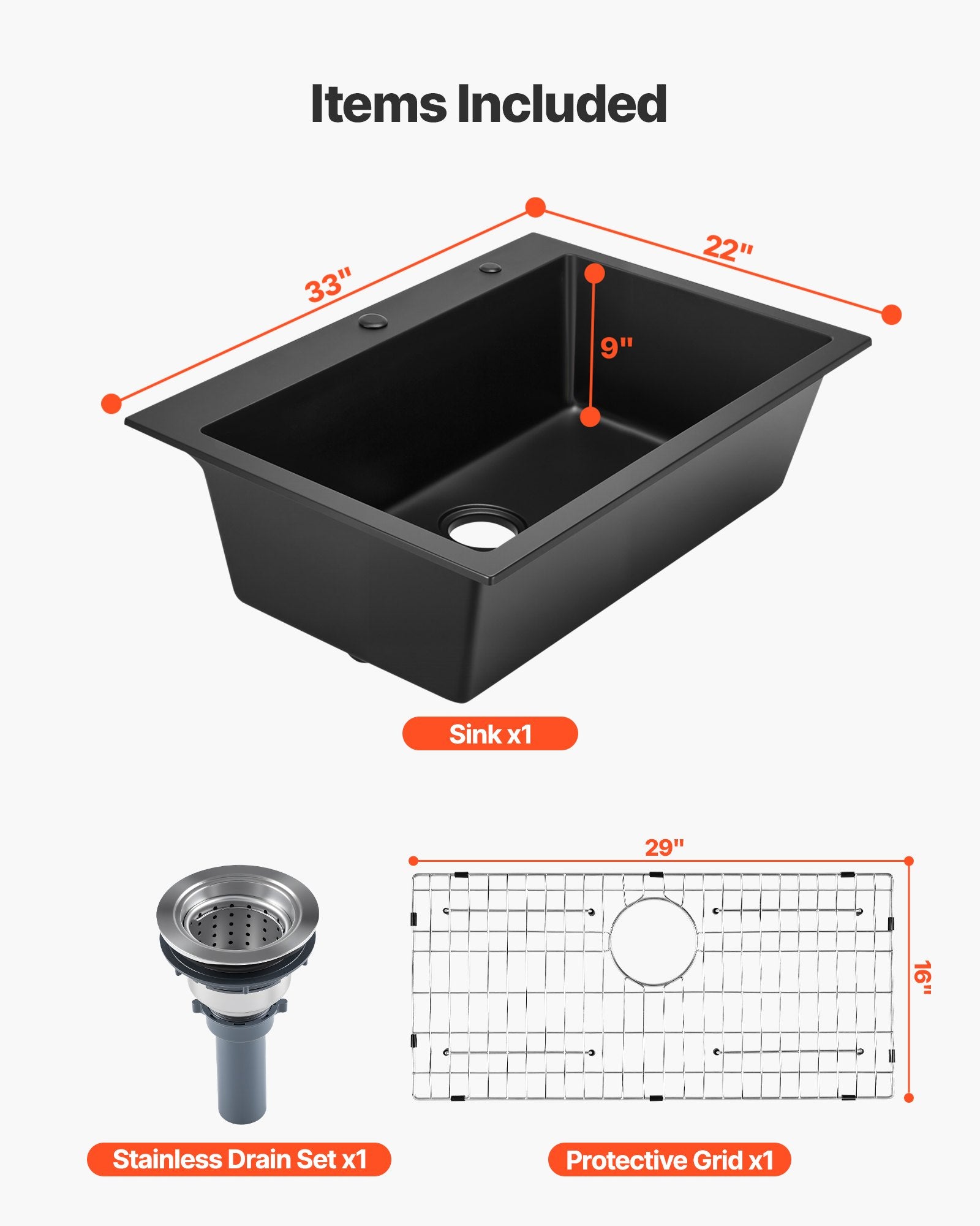 Granite Composite Single Bowl Kitchen Sink – Matte Black Quartz Workstation with Protective Grid & Drain Kit